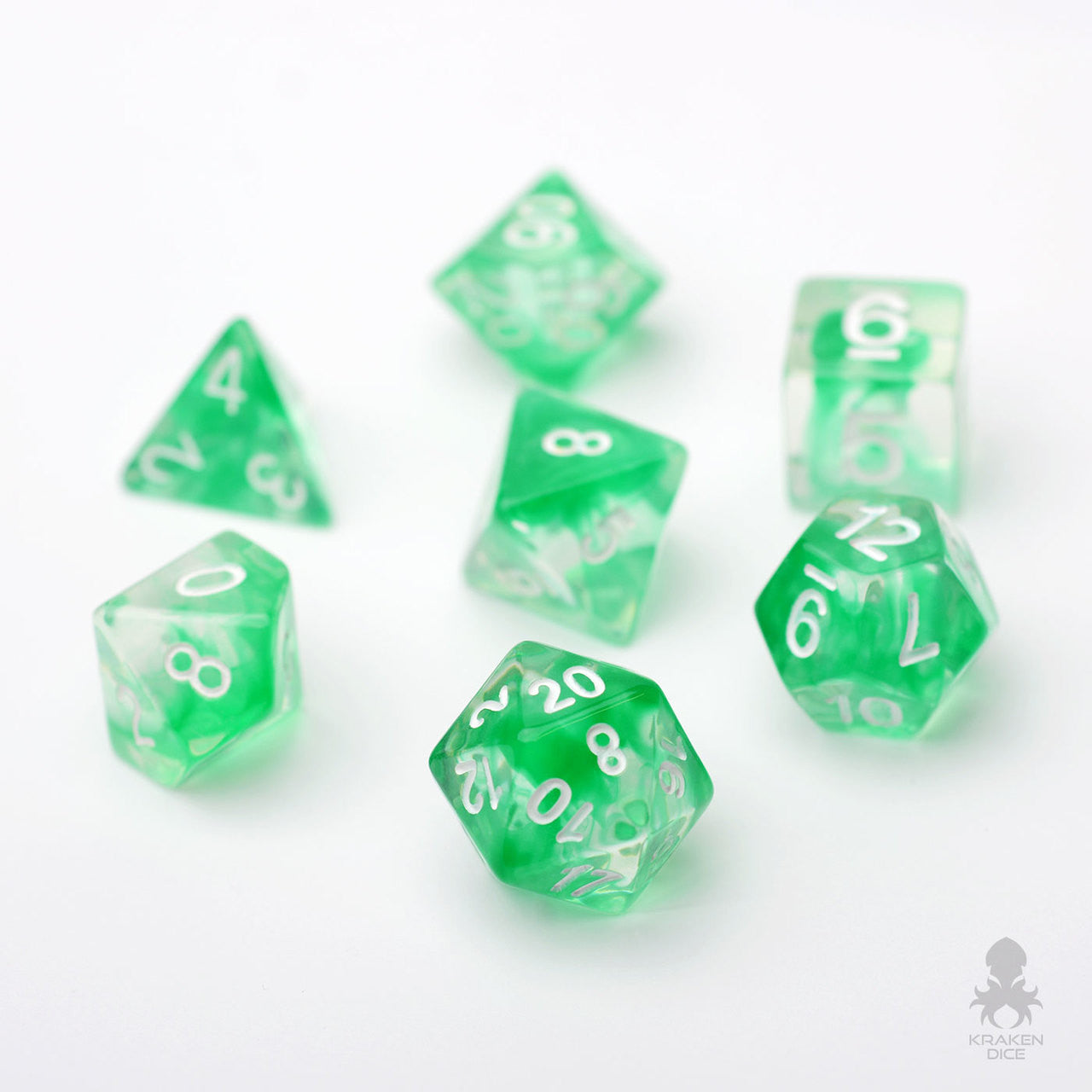 Nebula Green 7pc Dice Set Inked in White